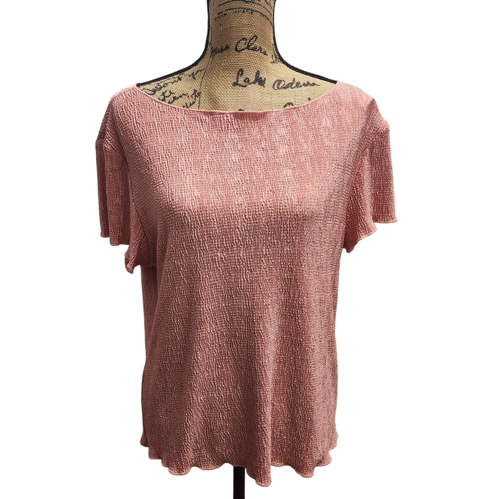 Connected Apparel XL Top Blouse Peach Pink‎ Crinkle Short Sleeve USA Made
